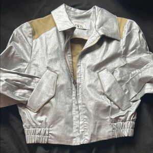 Zara Silver and Tan Jean Jacket with Elastic Waistband